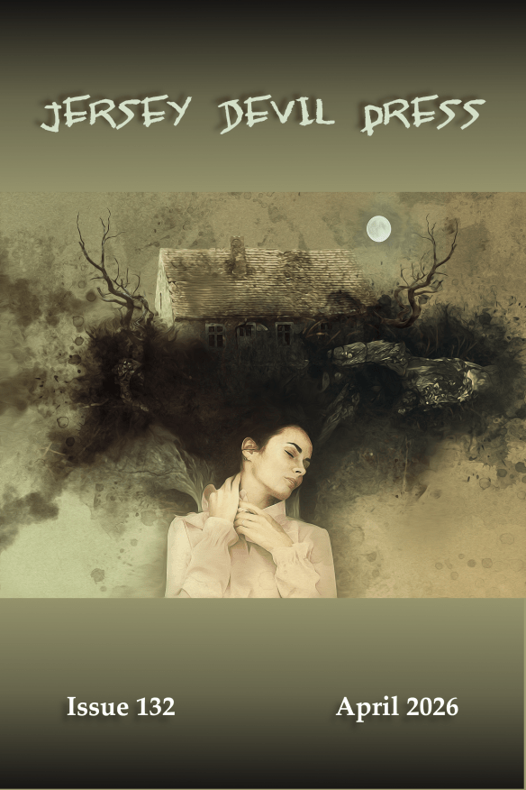 cover of Jersey Devil Press issue 132, a moody art of a person with their hair spreading above them like black mold
