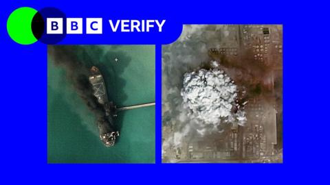 A composite image showing two satellite images taken in Iran. The left image shows a cargo ship moored at a dock off the coast of Iran that has been hit by a strike. A tall, thin cloud of black smoke is billowing high above the ship. The image on the right shows the aftermath of a strike on a city in Iran. A large grey mushroom cloud of smoke covers several buildings. The BBC Verify branding is overlaid on top.