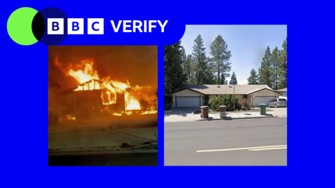 On the left is a screengrab from a video taken from a car which shows a house on fire, on the right if a Google Street View image of that same house in 2025.