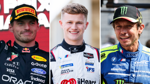 Max Verstappen, Dan Harper and Valentino Rossi