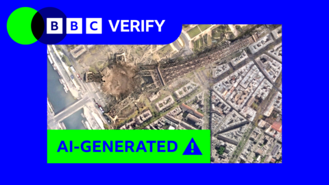 A fake AI-generated satellite image showing the Eiffel Tower in Paris has collapsed using Google's new AI satellite imagery tool. This image has a blue BBC Verify border and the BBC Verify logo appears at the top left. A large green banner across the image reads “AI-GENERATED” alongside a warning icon, indicating the picture is artificially created.