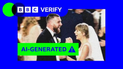 A fake image of Taylor Swift and Travis Kelce dancing at their wedding, in a blue frame and covered by a 'AI-generated' green label.