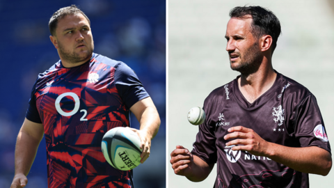 Jamie George (left) holding a rugby ball in his left hand and Lewis Gregory (right) juggling a cricket ball in front of him