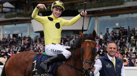 Billy Loughnane celebrates after riding Bow Echo to win the St James's Palace Stakes on day one of Royal Ascot in 2026
