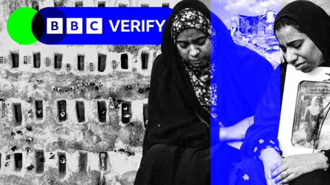 A BBC Verify branded thumbnail image that shows a black and white image in the background of graves being dug and two women in the foreground mourning at a funeral held for those killed during a strike on the Iranian school in Minab.