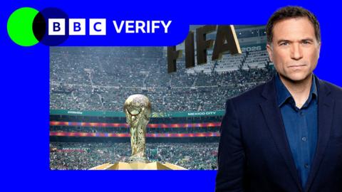 A BBC Verify border surrounds the Fifa World Cup trophy and a serious looking host to the right of frame.