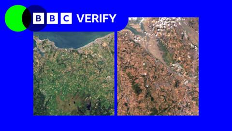 Side-by-side satellite images of north Wales and Merseyside, the left image is very green and the right is mostly brown