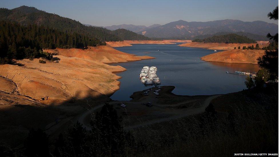 Houseboats are dwarfed by the steep banks of Shasta Lake at Bridge Bay Resort in Redding, California