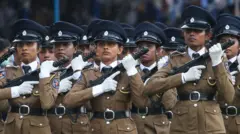 Sri Lankan women police officers participate in the 156th Sri Lanka Police Day celebrations held in Colombo on September 03, 2022. (Photo by Pradeep Dambarage/NurPhoto via Getty Images)
