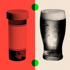 औषधिको बोतल र बिअरको ग्लास