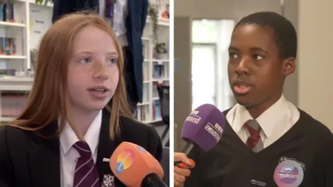 Composite image showing red hair girl on the left wearing school uniform and a boy with short hair on the right