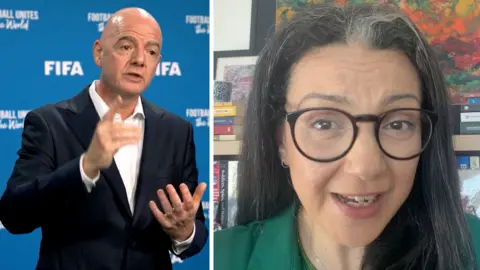 A woman with glasses can be seen on the left, while a bald man in a suit speaks on the right.