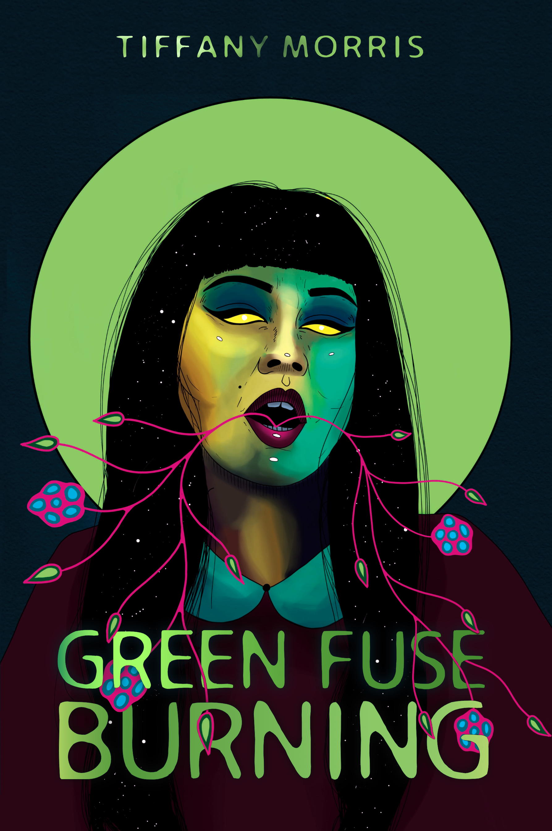 an Indigenous woman's face is lit in shades of swampy green with some sort of plant growing from her mouth.