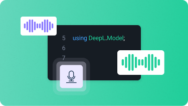 Purple voice waves being translated through a microphone an API code into green voice waves.