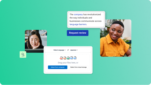 Two women working on opposite ends of a language workflow use Translation Flow to upload files and request a review.