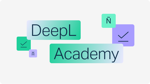 Icons of checkmarks, hangul, an n with a tilde, and the words DeepL Academy.