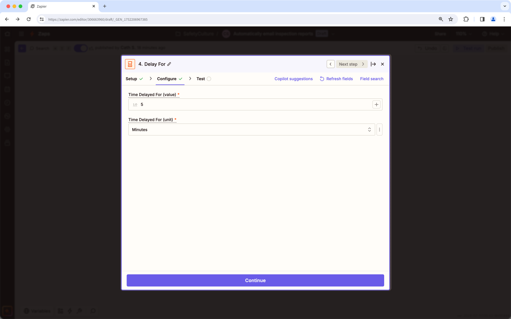 An example of the Delay For configuration in Zapier.