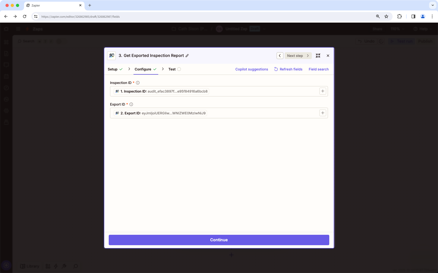 Example configuration for Get Exported Inspection Report in Mitti step in Zapier.