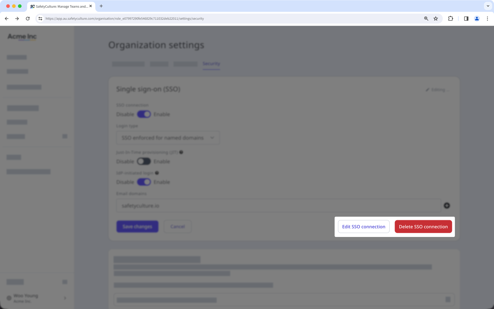 Options to edit and delete when editing an active SSO connection in Mitti.