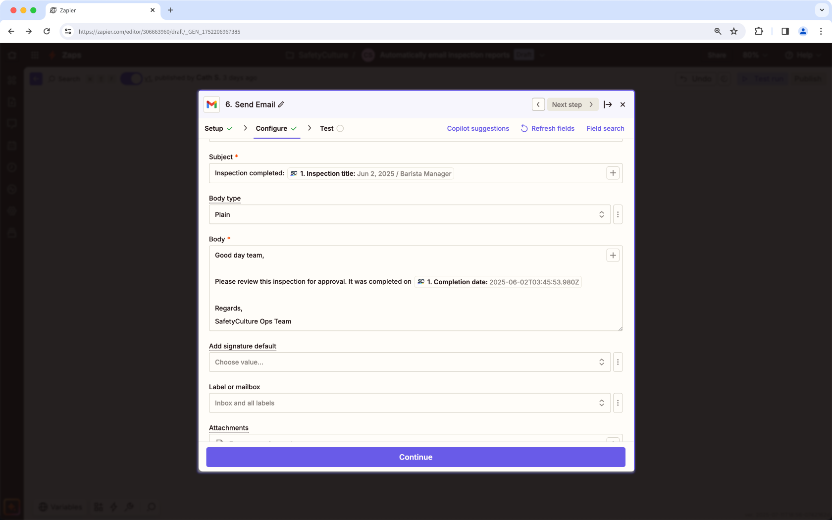 Automatically email inspection reports with Zapier via Gmail.