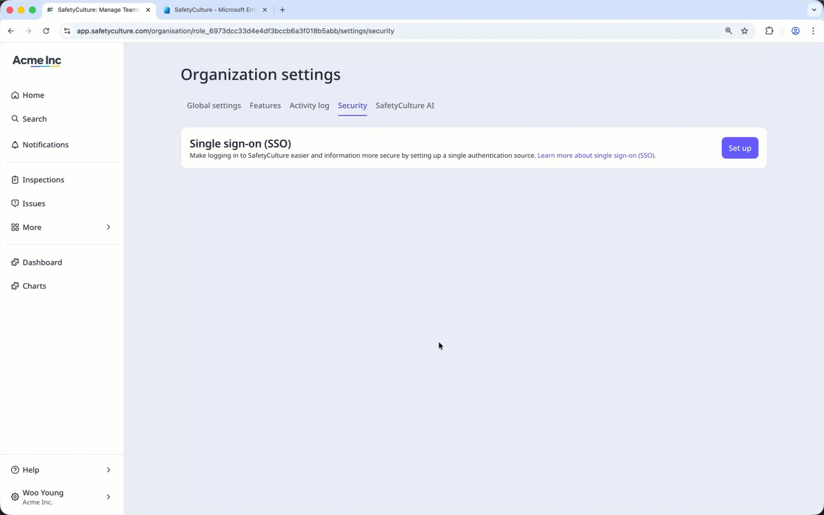 Click "Set up" in the Single sign-on (SSO) section to set up your connection in the identity provider's page.