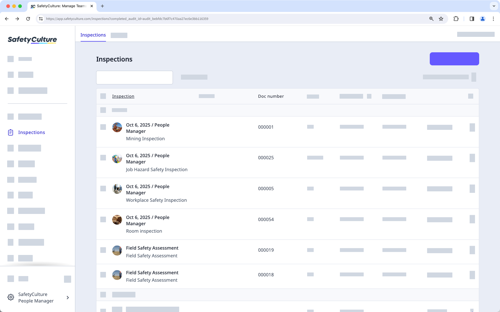 Document number in the inspections list via the web app.