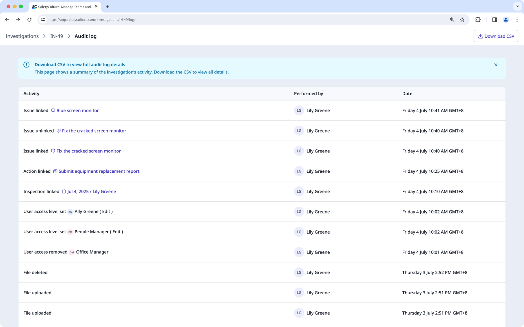View and download an investigation's audit log via the web app.