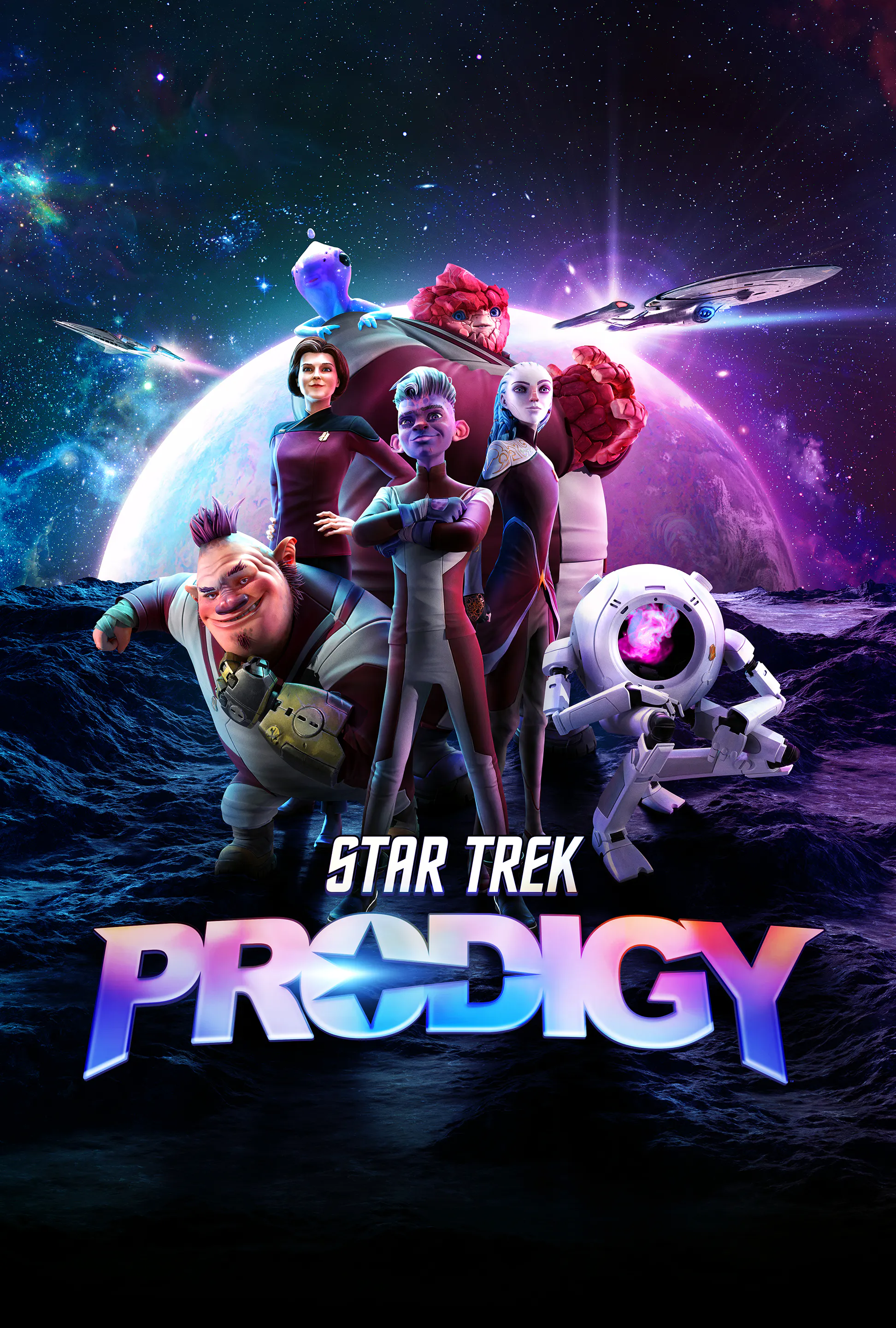 Jankom, Dal, Zero, Janeway, Gwyn, Murf, and Rok-Tahk stand together on a rocky terrain with a planet in the background, and a starship on either side of them. The Star Trek: Prodigy logo is at their feet.