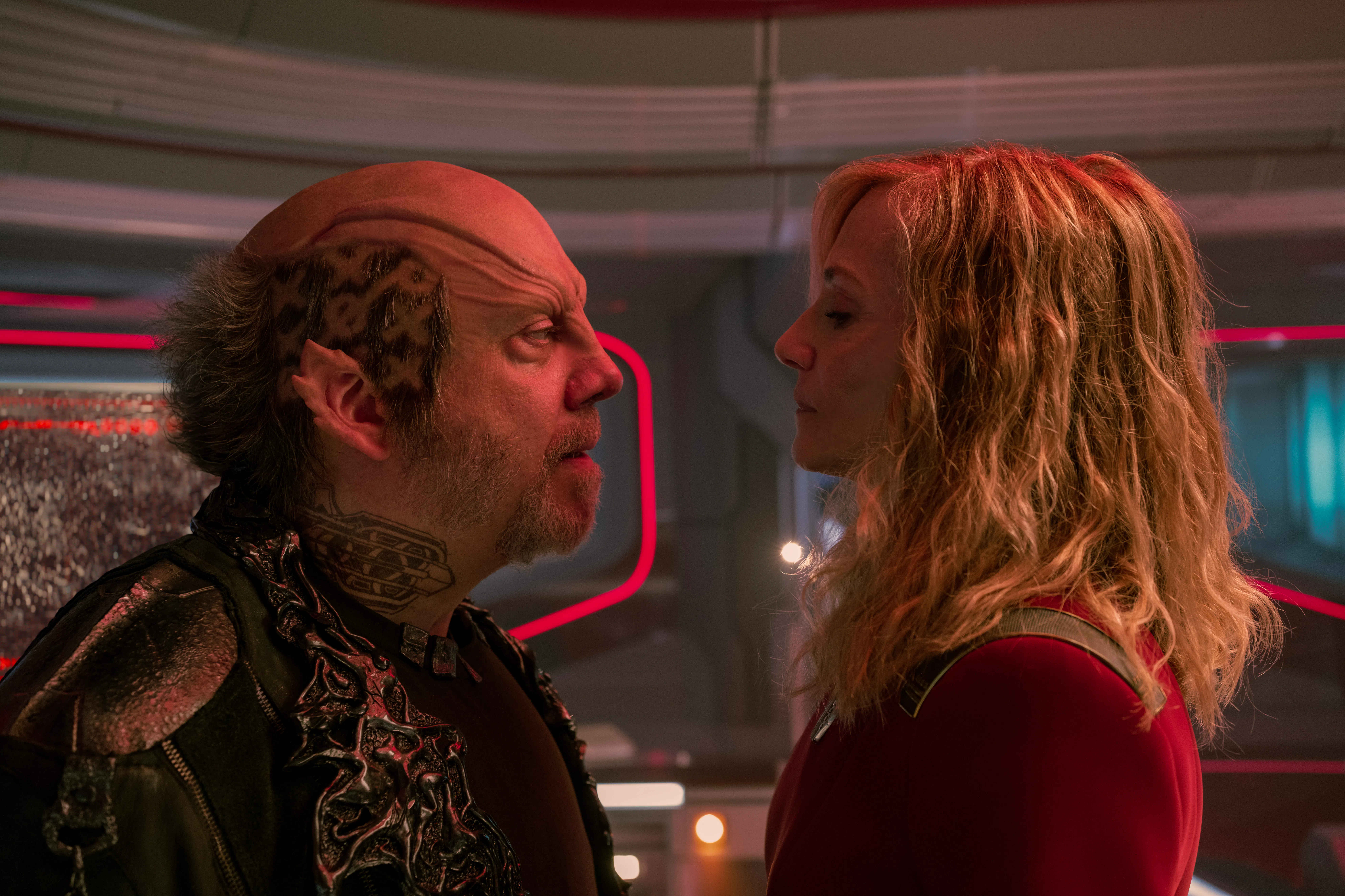 Star Trek: Starfleet Academy first look - Nus Braka and Nahla Ake stand face-fo-face glowering at one another