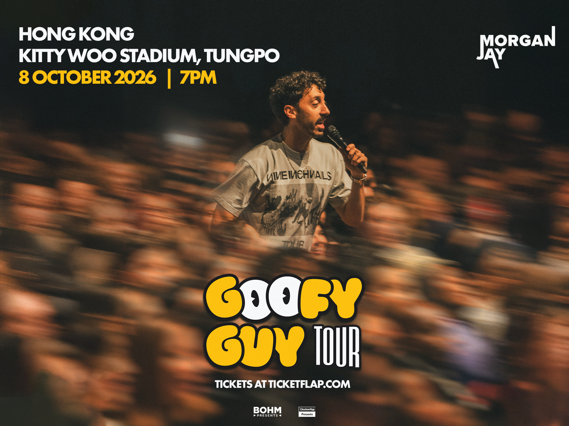 A promotional poster for Goffy Guy Tour featuring Morgan Jay performing on stage with a microphone, and a large crowd in the background. The event is scheduled for October 8, 2026, at 7 PM at Hong Kong Kitty Woo Stadium, Tungpo, with tickets available at Ticketflap.com.