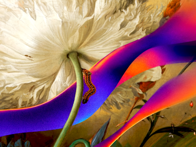 A caterpillar on a white flower stem, framed by flowing purple and orange ribbons over a classical painting.