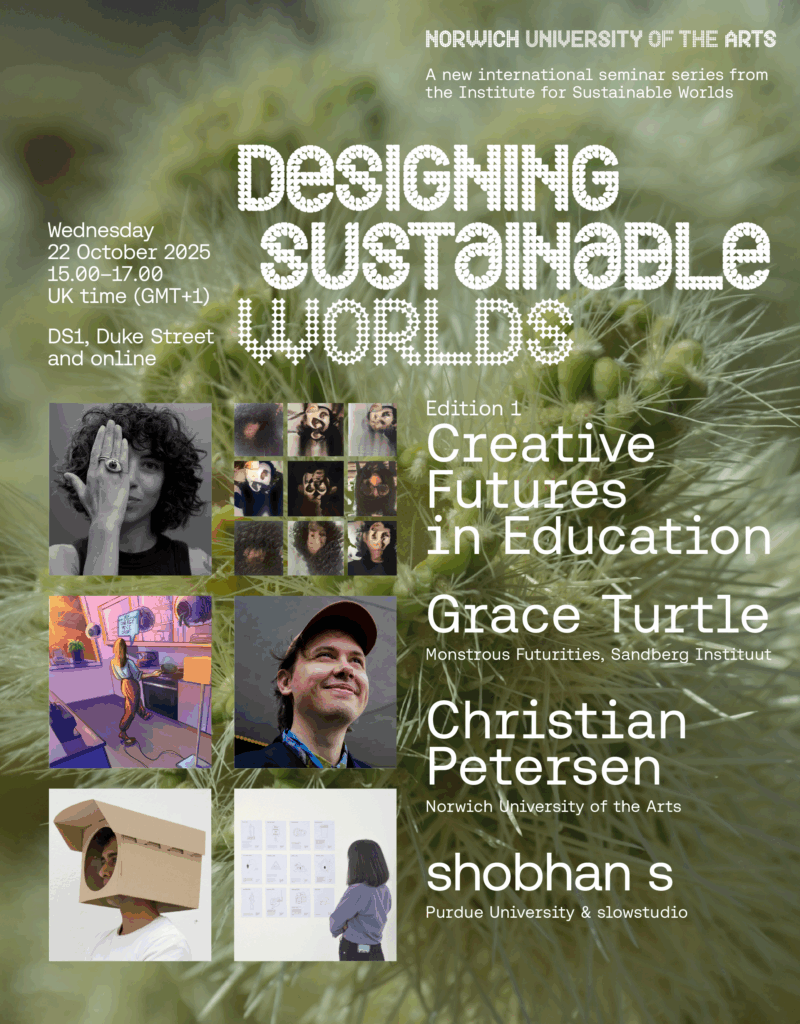 A banner for the event with the same details as the post, plus photos of the speakers and their / their students' work