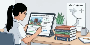 Student using a tablet for an interactive lesson with textbooks and a map of Vietnam