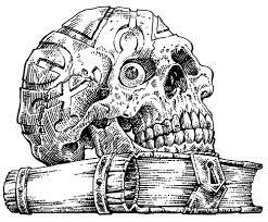 The Magician's Skull, enjoying a quaint and curious volume of forgotten lore.