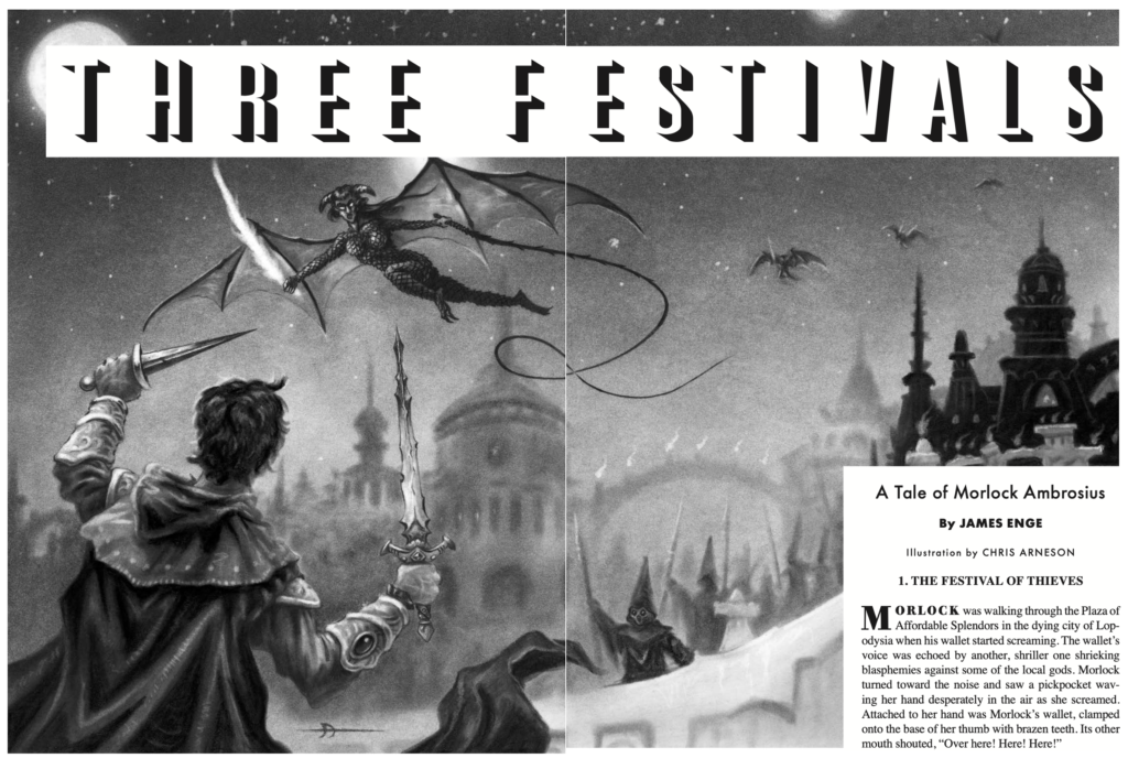 In the foreground, a warrior seen from the back, wielding sword and dagger. In the midground, and fury approaches on batlike wings. In the background, more furies approack in the sky; the city below is cloaked figures in peaked hoods waving spears.