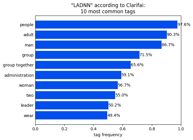 Figure 3. 'LADNN' according to Clarifai: 10 most common tags Figure 3. 'LADNN' according to Clarifai: 10 most common tags