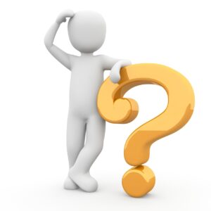 stylized person standing scratching its head beside a yellow question mark