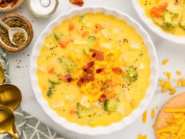 Bowl of broccoli potato cheddar soup.