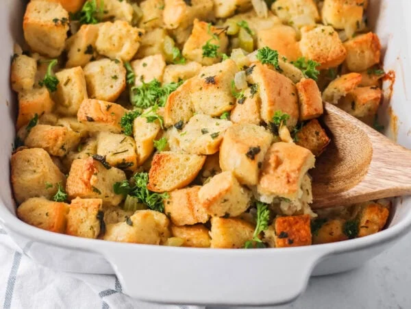 Baked make ahead stuffing in a 9x13 dish.