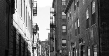 Black and white urban alleyway