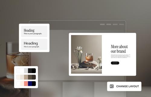 Die angeleitete Designerfahrung von Squarespace zeigt eine benutzerdefinierte Website, die aus ausgewählten Schriftart-Paketen, Farbpaletten und Inhaltslayouts erstellt wird