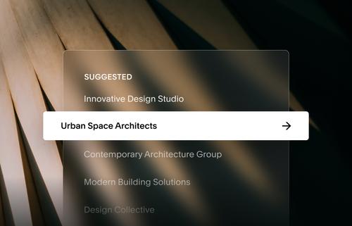 Squarespace KI-Firmennamen-Generator mit KI-generierten Beispielen für Unternehmensnamen für ein Architekturbüro.