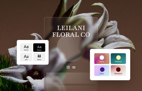 Ein Link-in-Bio-Moodboard für ein fiktives Blumengeschäft, das verfügbare Schriftart- und Farbvoreinstellungen mit den Bio Site-Tools von Squarespace hervorhebt.