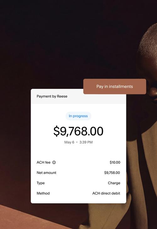 Portrait of a person at a desk with a payment receipt card overlay showing a $9,768.00 charge by ACH direct debit and a "Pay in installments" button.