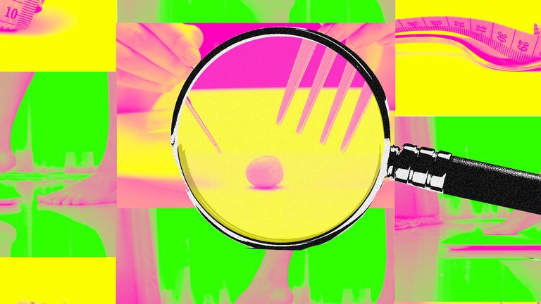 A magnifying glass over a grid with images of women weighing themselves a measuring tape on a fork close up of a fork...