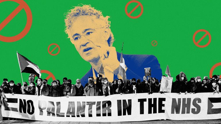 Photo illustration of Alex Karp juxtaposed behind a crowd protesting palantir