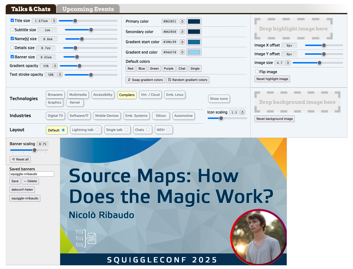 The banner-making tool being discussed, showing a number of panels with range slider inputs to set things like font size for various pieces of the banner. There are also color inputs to change the coloration of both foreground and background elements, and a couple of places to drag and drop background or highlight images.