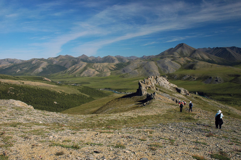 Hikers on ridge, Firth River Rafting, Ivvavik National Park, Yukon Territory.