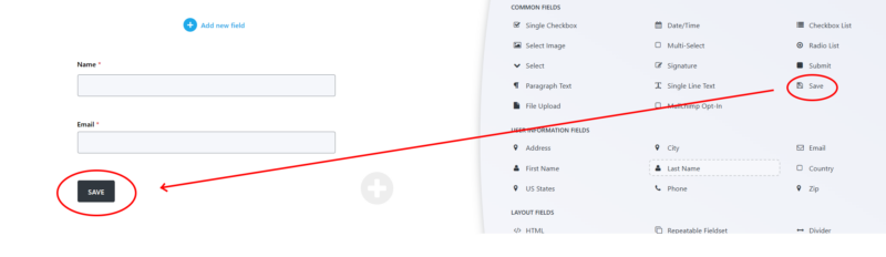 Ninja Forms form builder showing the Save field