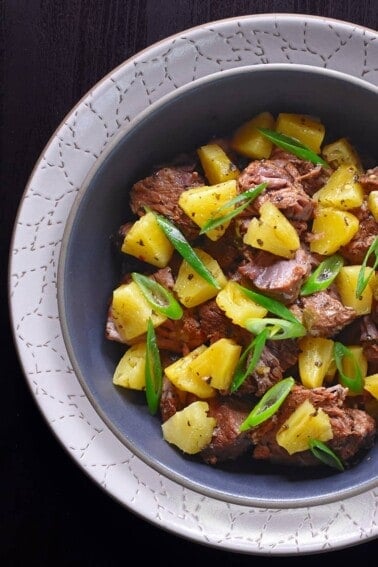 An overhead shot of pineapple pork shoulder made in an Instant Pot.